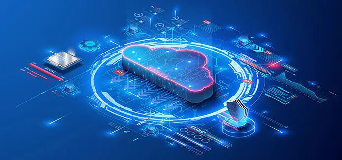 Cloud icon with alert warning in digital blue background.