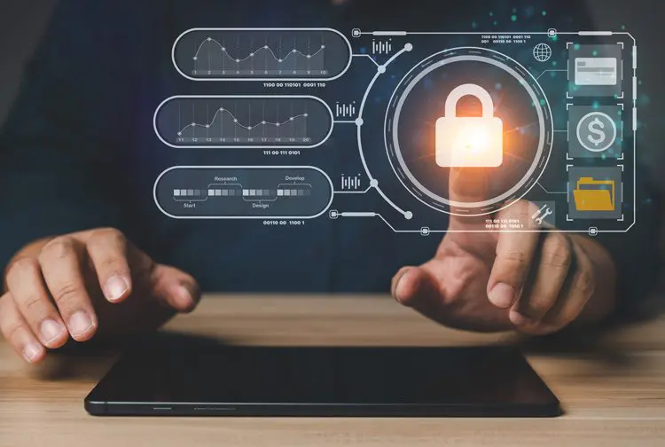 Secure cloud icon on business diagram interface.